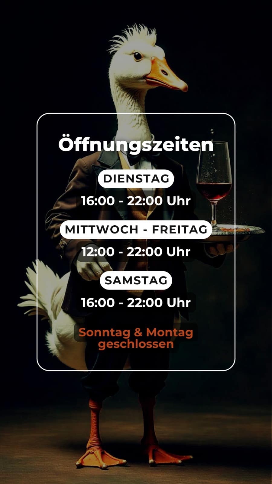Öffnungszeiten GansFein: Dienstag 16 bis 22 Uhr, Mittwoch bis Freitag 12 bis 22 Uhr, Samstag 16 bis 22 Uhr
